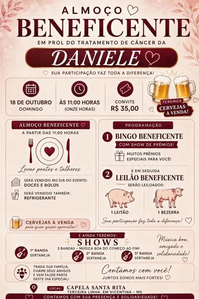 Almoço Beneficente em prol do tratamento de Daniele será realizado em Vicentina
